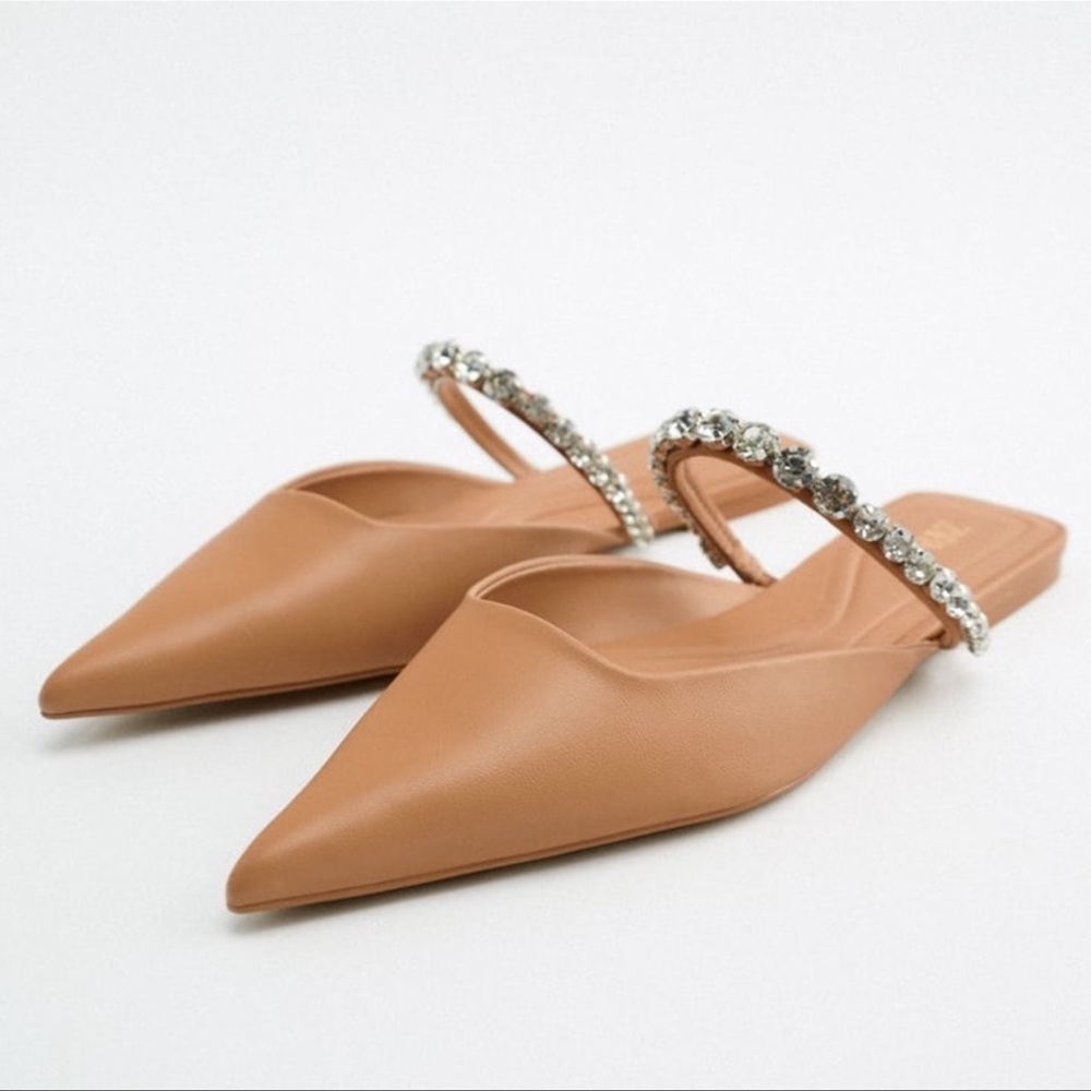 Zara Tan Pointed Toe Mules with Embellished Strap